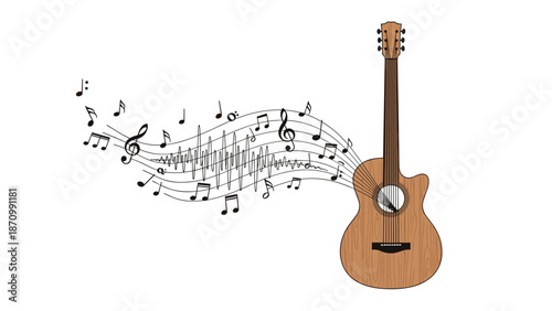 Elegant acoustic guitar with a dynamic, swirling stream of black musical notes flowing from its body, representing the beauty and flow of music and sound.