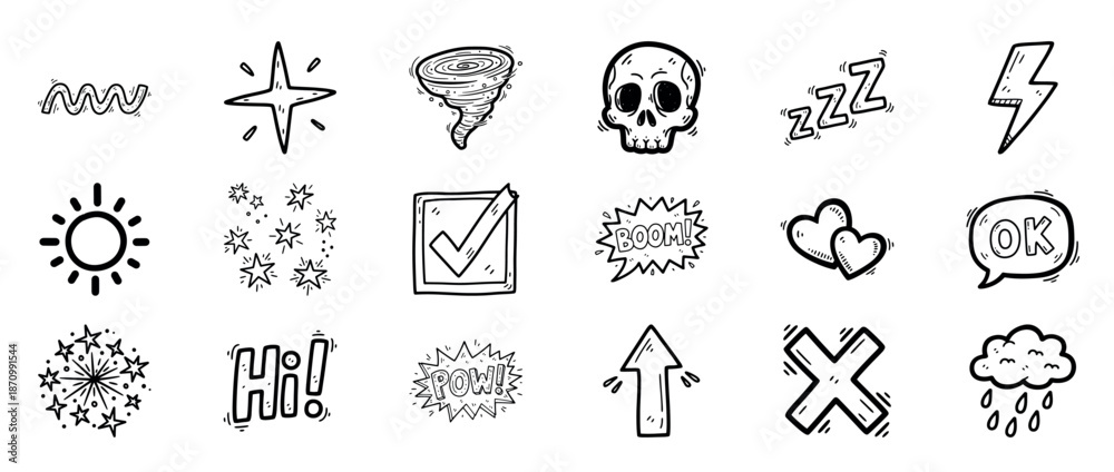 Fototapeta premium Hand-drawn doodle icons: weather, emotions, symbols, and more