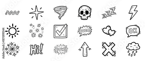 Hand-drawn doodle icons: weather, emotions, symbols, and more