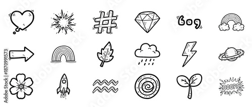 Hand-drawn icons: heart, hashtag, diamond, rainbow, lightning, rocket, flower, spiral