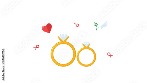 Elegant illustration of two sparkling gold diamond wedding rings, surrounded by fluttering red ribbons, hearts, and a peaceful dove with an olive branch, symbolizing love and peace.