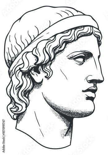 A classical sculpture head profile illustration in monochrome line art style, suitable for art history projects and educational materials