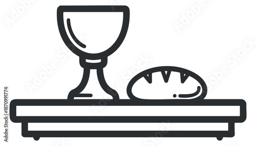 A cup and a loaf of bread on a plate in black outline minimalist vector style, ideal for religious themes and spiritual projects
