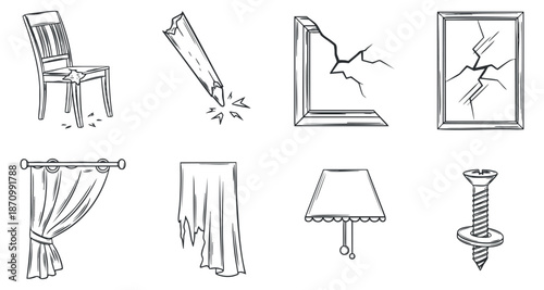A collection of hand-drawn furniture and decor elements including a chair, broken frames, a curtain, and a lamp in outline vector style, suitable for home improvement projects