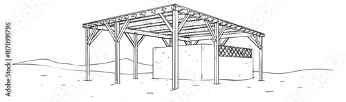 An outline of a modern outdoor structure with wooden beams and a roof in minimalist vector style, suitable for architectural designs and landscaping projects