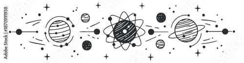 A collection of planets, stars, and atoms in black and white outline vector style, perfect for space-themed designs