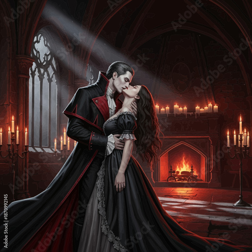 Romantic Gothic Embrace: Vampire and Woman in Candlelit Castle