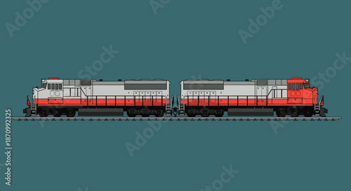 Modern train engines on tracks with red and gray design