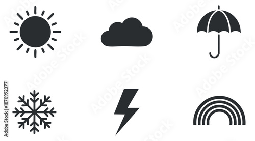 A collection of weather icons including sun, cloud, snowflake, lightning, umbrella, and rainbow in minimalist black and white vector style, ideal for weather apps and designs