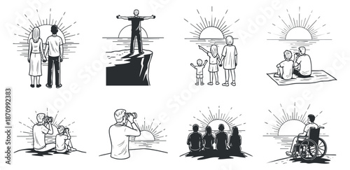 A collection of family and friendship illustrations featuring diverse groups enjoying sunsets in black and white minimalist vector style, ideal for wellness and lifestyle themes