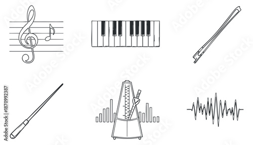 A collection of music-related icons including musical notes, a piano keyboard, a metronome, and sound waves in black and white outline vector style, suitable for music education and creative projects