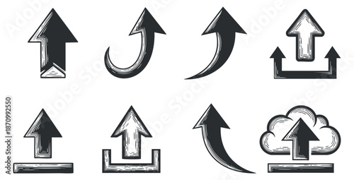 A set of various arrow icons in black and white outline style, suitable for web design and navigation graphics
