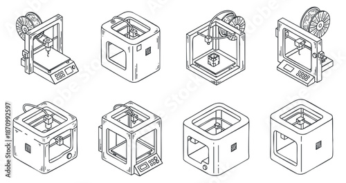 A collection of various 3D printers in detailed outline vector style, suitable for technology and manufacturing themes