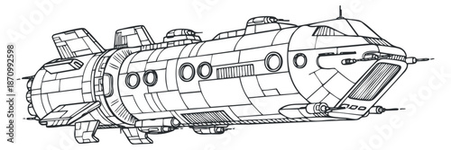 A futuristic spaceship illustration in black and white outline vector style, suitable for science fiction projects and graphic design