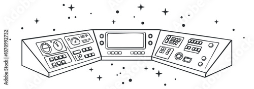 A futuristic control panel with various buttons and screens in flat outline vector style, ideal for sci-fi designs and technology projects
