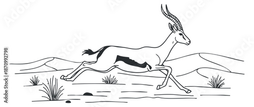 A running antelope in black and white minimalist vector style, ideal for wildlife illustrations and nature-themed designs