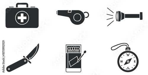 A collection of survival and emergency icons including a first aid kit, whistle, flashlight, knife, matchbox, and compass in black silhouette vector style, suitable for outdoor and safety projects
