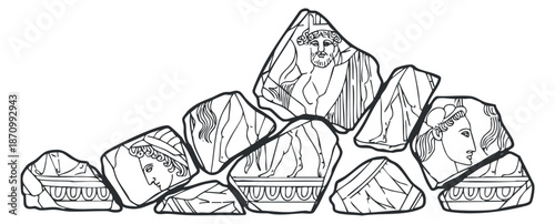 A collection of ancient stone rocks with engraved figures in black and white outline vector style, suitable for artistic and historical designs