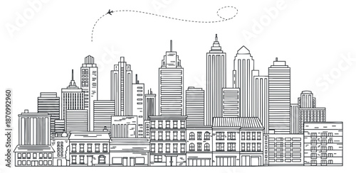 A detailed city skyline illustration featuring various buildings in a black and white outline vector style, ideal for urban design projects