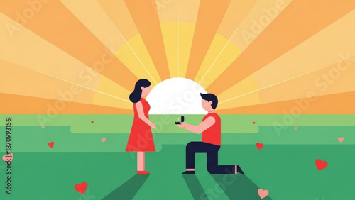 Man Proposing to Woman on One Knee during Sunset with Rose Petals