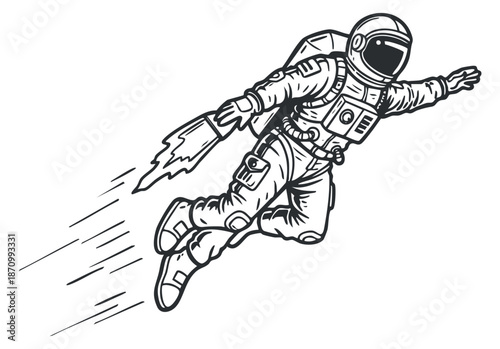 An astronaut flying through space with a rocket pack in black and white vector style, ideal for science and technology themes