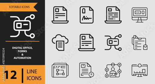 Digital office, forms, and automation line icons for modern business solutions