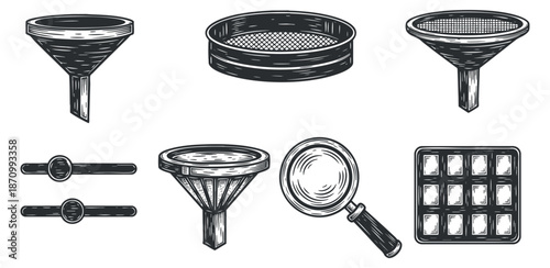 A collection of kitchen utensils including funnels, sieves, and strainers in detailed black and white vector style, perfect for culinary design projects