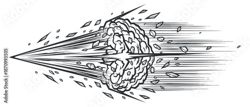 A dynamic illustration of a brain explosion with speed lines in a black and white vector style, ideal for creative and innovative projects