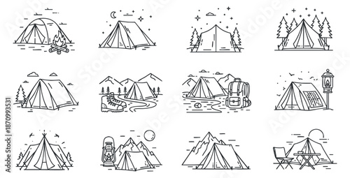 A collection of camping tents in various outdoor settings, drawn in black and white minimalist vector style, ideal for travel and adventure themes
