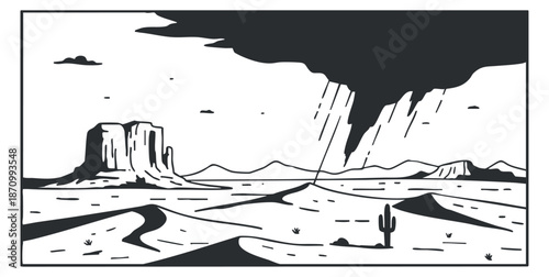 A minimalist desert landscape with rocky monuments and a stormy sky in black and white vector style, ideal for nature-themed projects