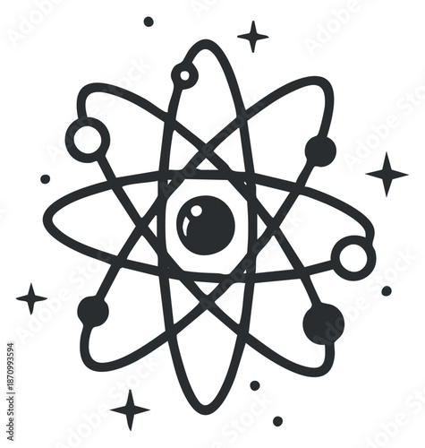 An atom symbol with electrons orbiting in a geometric black and white outline vector style, ideal for educational and scientific projects