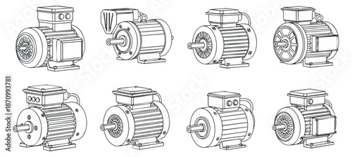 A collection of electric motors in detailed outline vector style, suitable for engineering and technical design projects