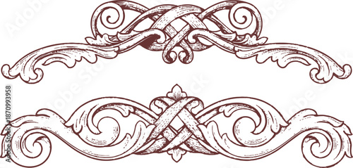 The image features two decorative scrollwork designs in a brown color, each showcasing distinct characteristics that contribute to their vintage aesthetic.