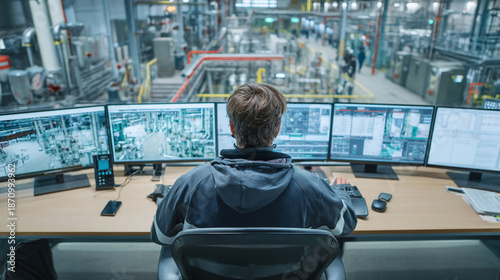 A man sits in front of multiple computer monitors in a control room