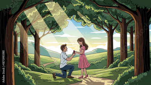 Man Proposing to Woman in Forest Archway during Sunset