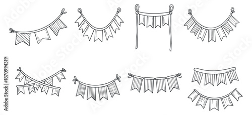 A collection of hand-drawn decorative banners and bunting flags in outline vector style, ideal for party and event design