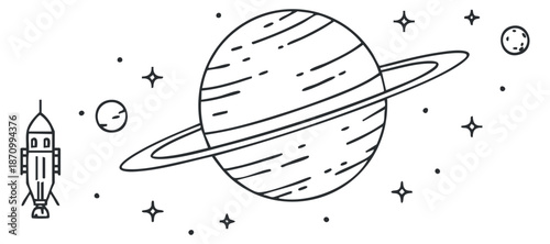 A rocket ship launching towards a stylized planet with rings in minimalist outline vector style, suitable for educational and creative projects
