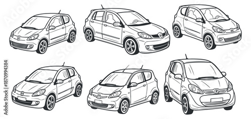 A collection of various car designs in outline vector style, suitable for automotive graphics and branding