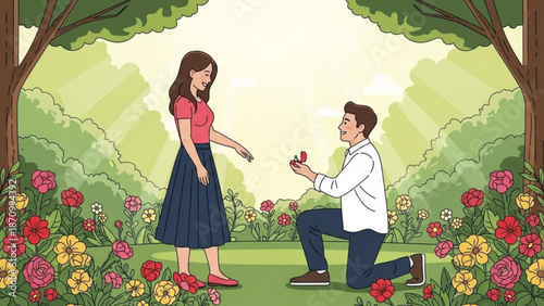 Man Proposing to Woman in Garden with Flowers during Sunny Day