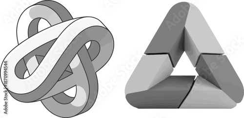 Conceptual geometric optical illusions showcasing a complex knot and a paradoxical triangular form, presented as a grayscale 3D vector illustration perfect for abstract graphic design elements
