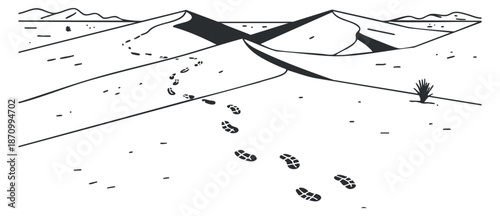 A minimalist vector illustration of footprints in the sand dunes of a desert landscape, ideal for travel and adventure themes