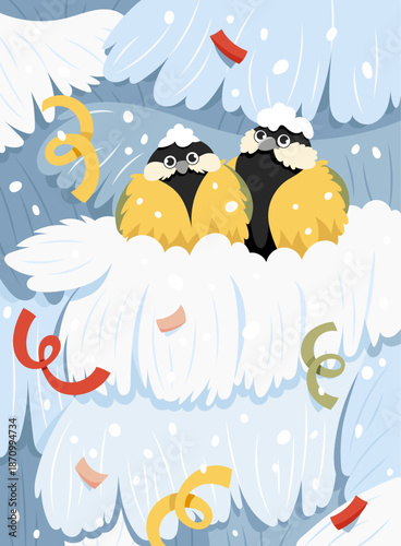 Christmas card with two cute birds tits sitting in the snow.