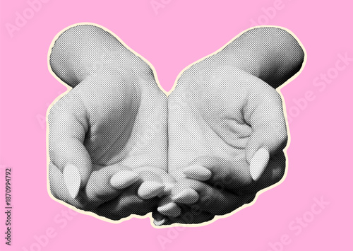 Give to gain halftone collage with woman hands. #givetogain campaign for womens day 2026. Givetogain campaign for March 8