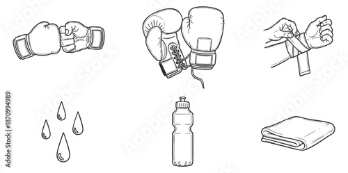 A collection of boxing-related elements including gloves, fists, water bottle, sweat drops, and towel in outline vector style, suitable for sports and fitness designs