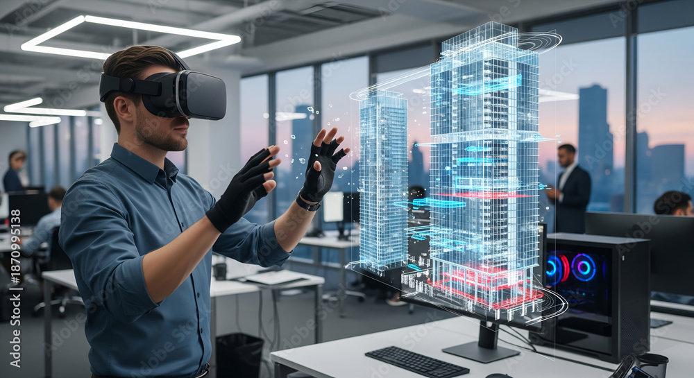 Fototapeta premium Architect using VR headset to explore 3D building model in modern office