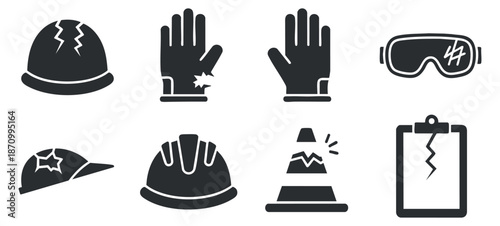 A collection of construction safety icons including helmets, gloves, a traffic cone, and a clipboard in black vector style, suitable for safety guidelines and signage