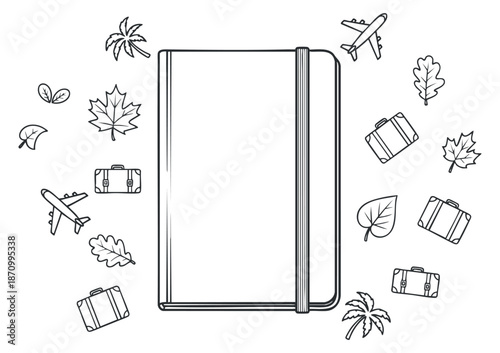 A travel notebook surrounded by icons of airplanes, suitcases, and leaves in a simple black and white outline vector style, suitable for travel planning and journaling.