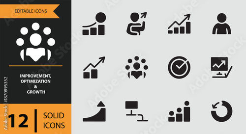 A comprehensive set of 12 solid icons for improvement, optimization, and growth concepts