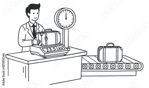 A cartoon illustration of a man weighing luggage at a check-in desk with a scale and conveyor belt in minimalist vector style, suitable for travel-related designs