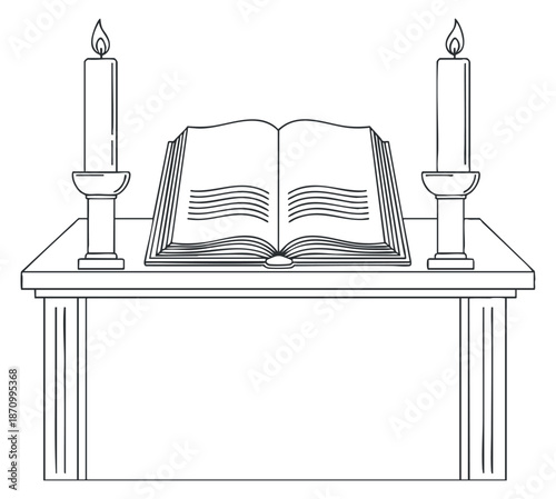 An open book on a table with two candles in minimalist black and white outline vector style, ideal for educational and literary themes
